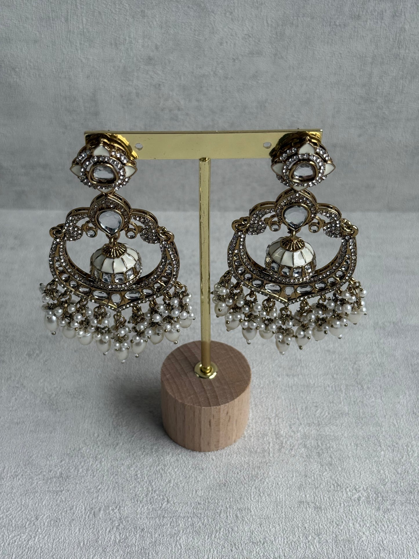 Ayura Designs Reha Earrings – Statement Chandbalis with Ivory Pearls & Mirror-Cut Stones