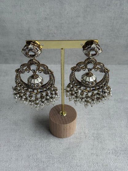 Ayura Designs Reha Earrings – Statement Chandbalis with Ivory Pearls & Mirror-Cut Stones