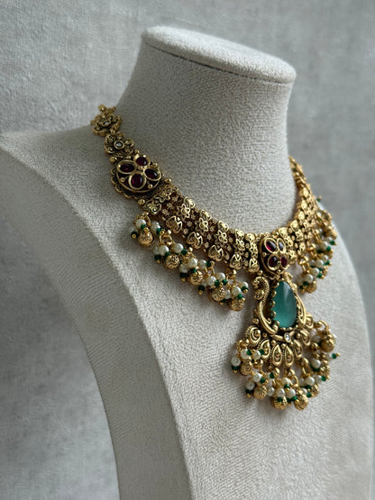 Ayura Designs Urvashi Set – Antique Gold Necklace & Jhumkis with Mint Green Stone, Ruby & Pearl Detailing