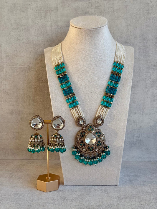 Ayura Designs Brielle Set – Necklace & Jhumkis with Mirror-Cut Stones, Aqua & Deep Teal Beads
