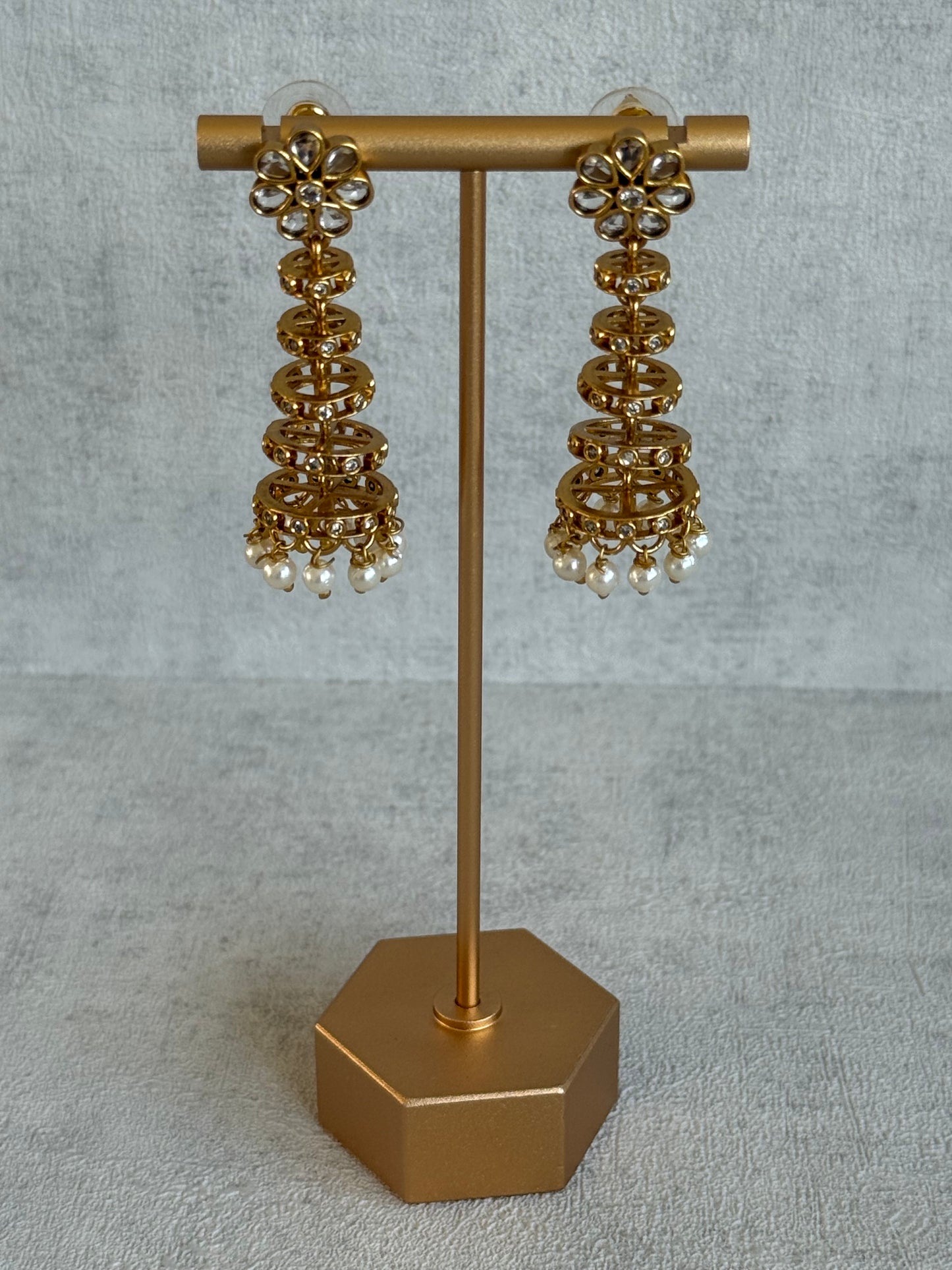 Ayura Designs Adira Jhumkis – Gold Floral Jhumkis with Layered Crystal Rings & Pearl Drops