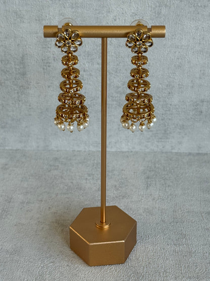 Ayura Designs Adira Jhumkis – Gold Floral Jhumkis with Layered Crystal Rings & Pearl Drops
