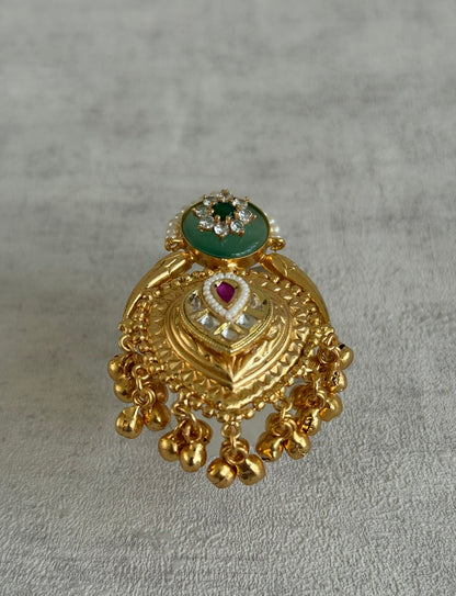 Ayura Designs Sorcha Adjustable Ring – Pistachio Green Enamel, Pearl Detailing, Antique Gold & Mirror-Cut Stones