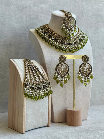 Ayura Designs Sabeen Set with Choker, Jhumkis, Tikka & Jhoomar – Champagne Kundan, Pearl Clusters & Olive Green Beads