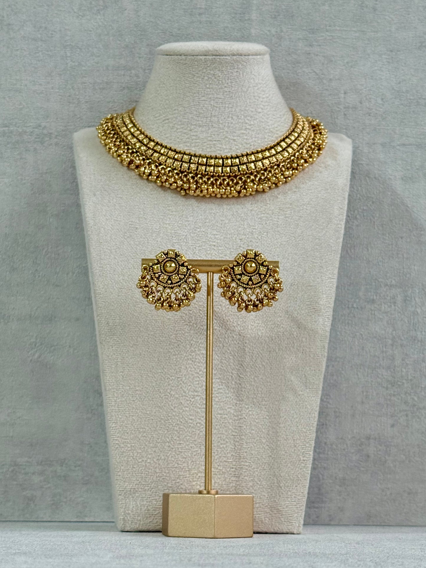 Ayura Designs Ranya Set – Antique Gold Necklace with Stud Earrings & Ghungroo Detailing