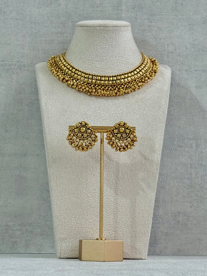 Ayura Designs Ranya Set – Antique Gold Necklace with Stud Earrings & Ghungroo Detailing