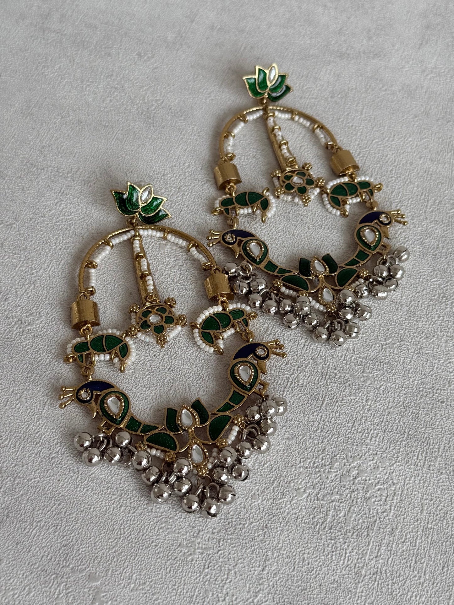 Ayura Designs Zoonpari Earrings – Emerald Green & Blue Meenakari Peacock Chandeliers in Dual Tone with Ghungroos