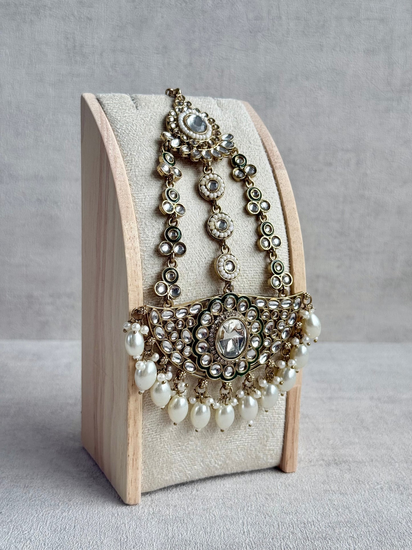 Ayura Designs Uma Jhoomar Passa – Kundan Jhoomar with Ivory Pearl Drops & Green Enamel Detailing
