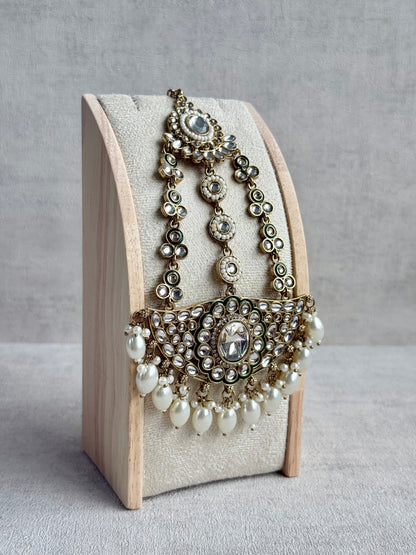 Ayura Designs Uma Jhoomar Passa – Kundan Jhoomar with Ivory Pearl Drops & Green Enamel Detailing