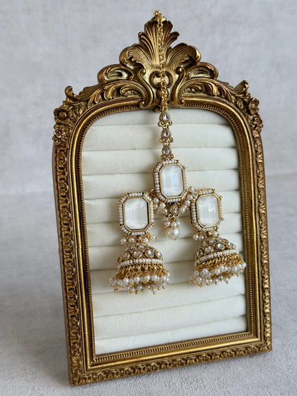 Ayura Designs Heena Tikka Set with Jhumkis – Ivory Stone, Kundan & Pearl Detailing