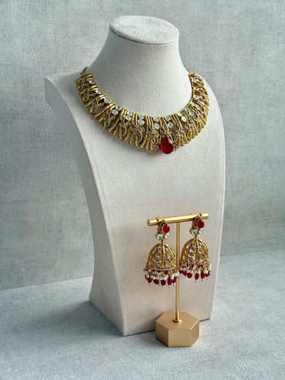 Ayura Designs Rami Collar Set with Jhumkis – Sculpted Gold Collar with Ruby Red Stone and Crystal Detailing