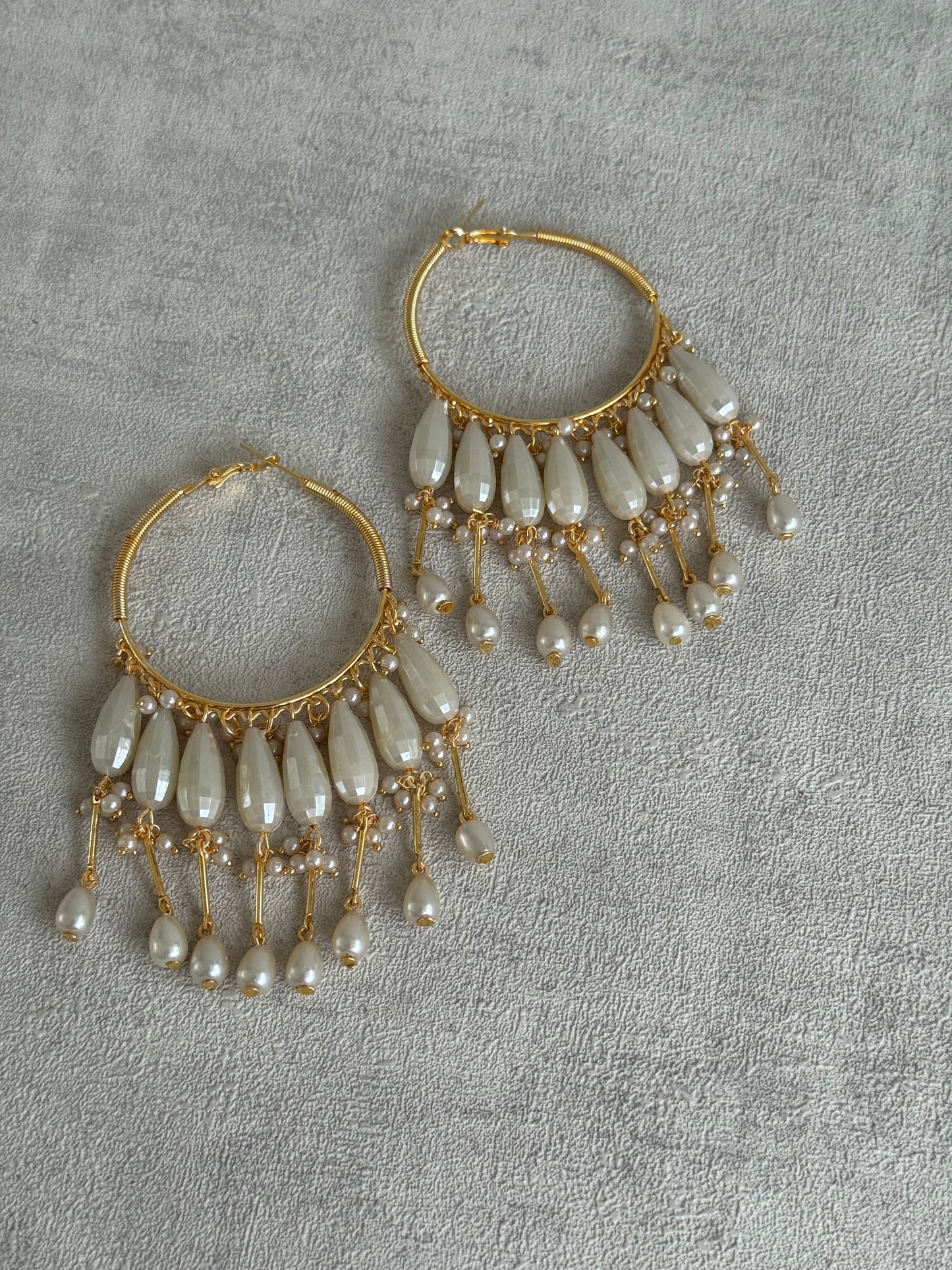 Ayura Designs Emery Balis – Gold Hoop Earrings with Faceted Pearl Drops & Fringe Detailing