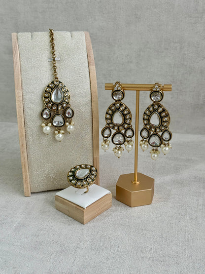 Ayura Designs Kalika Set with Necklace, Earrings, Tikka & Ring – Polki-Style Stones with Antique Green Enamel Detailing & Pearl Drops