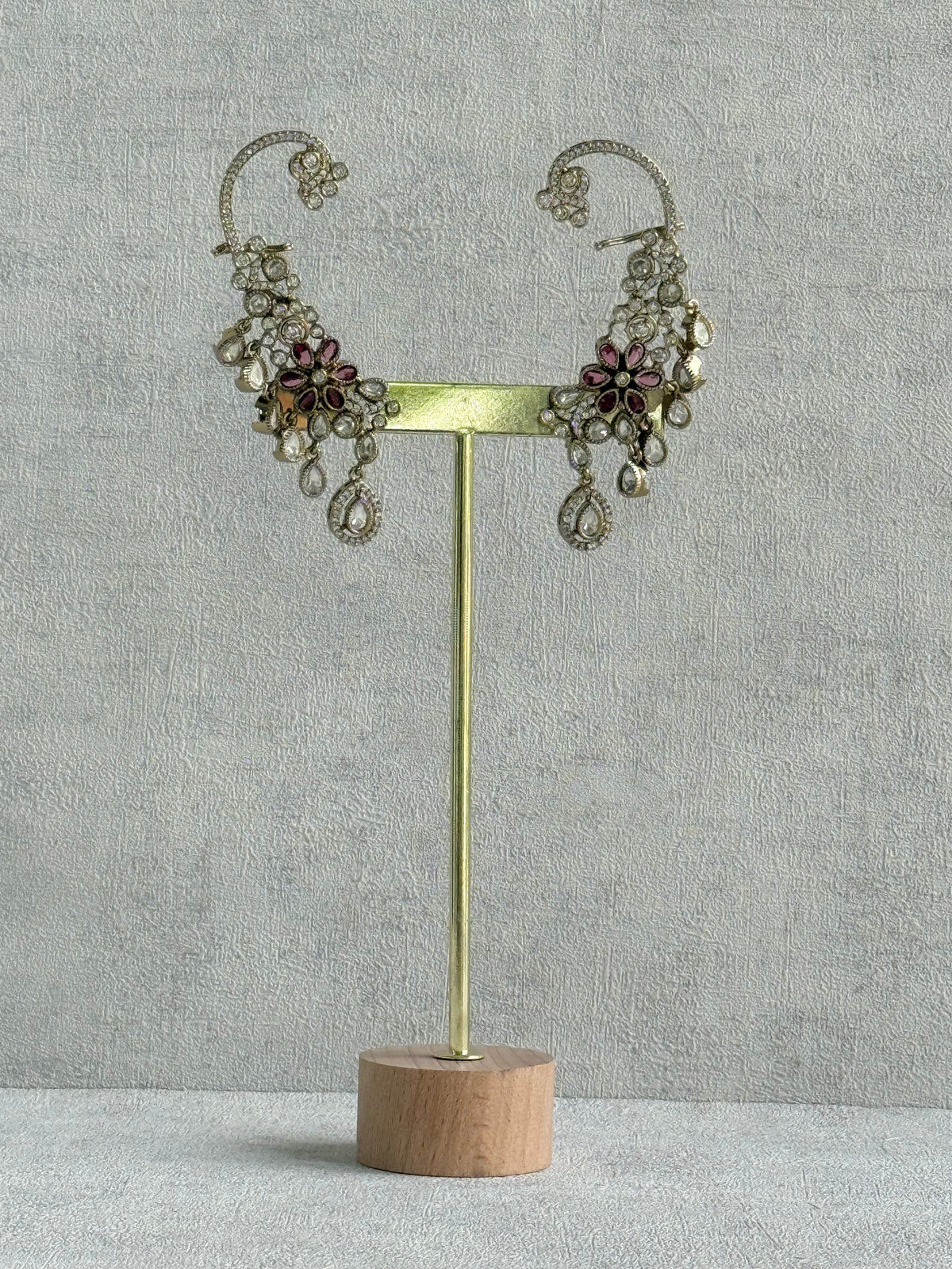 Ayura Designs Aksara Kaanphool Earrings – Rani Pink Stones, Kundan, Crystals & Antique Gold Finish