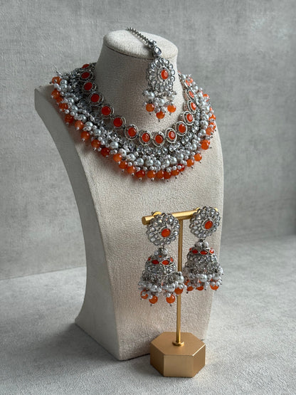 Ayura Designs Barira Set – Necklace, Jhumkis & Tikka with Orange Stones, Pearls & Antique Silver Finish