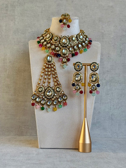 Ayura Designs Jashan Set with Necklace, Earrings, Tikka & Passa – Kundan Detailing, Pearl Drops & Multicolour Beads