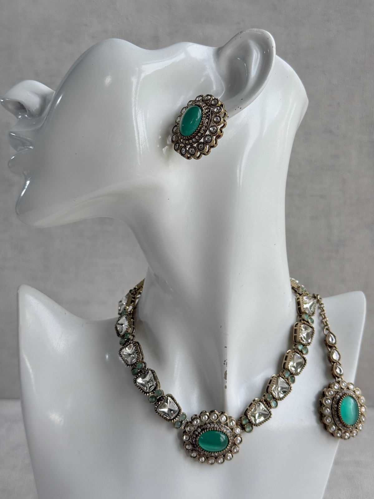 Ayura Designs Inza Necklace Set – Aqua Green Stones, Kundan & Crystals with Antique Gold Finish