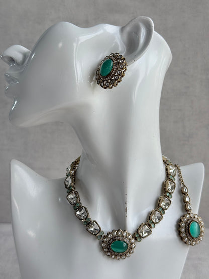 Ayura Designs Inza Necklace Set – Aqua Green Stones, Kundan & Crystals with Antique Gold Finish