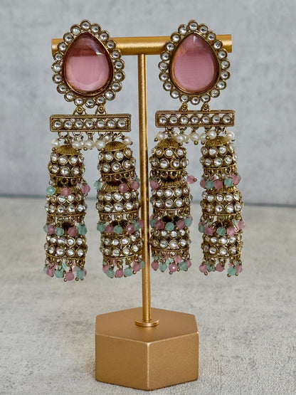 Ayura Designs Kyra Earrings – Pink & Gold Jhumkas with Kundan, Pearl, and Pastel Green & Pink Bead Detailing