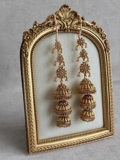 Ayura Designs Preet Sahare Jhumkis – Antique Gold Finish with Triple Dome Design