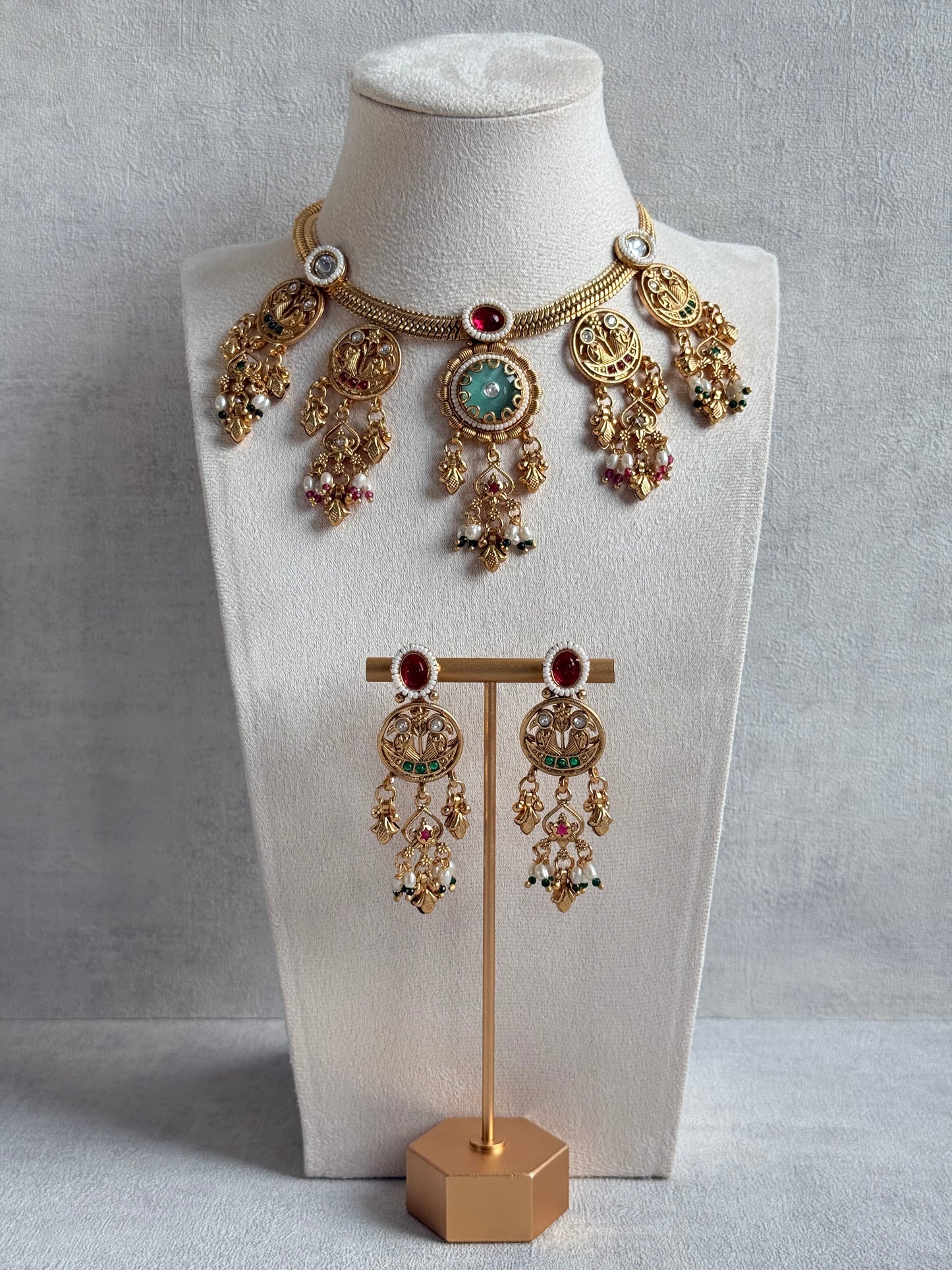 Ayura Designs Parchhai Necklace Set with Earrings – Mint Green, Ruby Red & Emerald Green Stones, Bird Motifs & Pearl Detailing