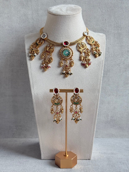 Ayura Designs Parchhai Necklace Set with Earrings – Mint Green, Ruby Red & Emerald Green Stones, Bird Motifs & Pearl Detailing