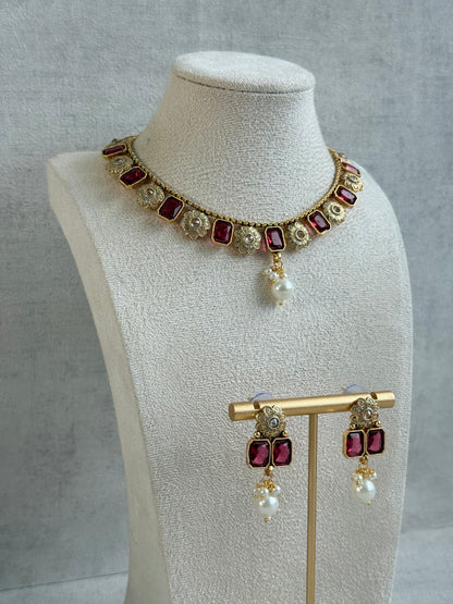 Ayura Designs Padma Necklace Set with Earrings – Rani Pink Stones with Pearl Drop Detailing