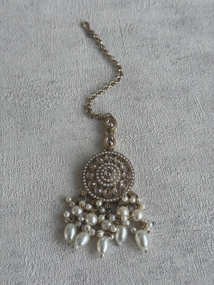 Ayura Designs Noorza Set with Jhumkis and Tikka – Pearl White Stones, Antique Gold & Polki Finish
