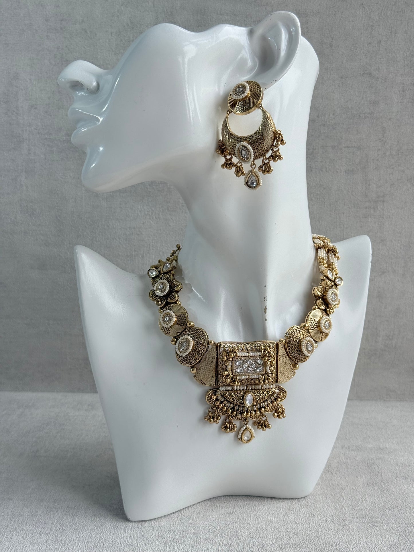 Ayura Designs Purvi Set – Necklace & Earrings with Antique Gold Filigree, Ivory & Pearl Detailing
