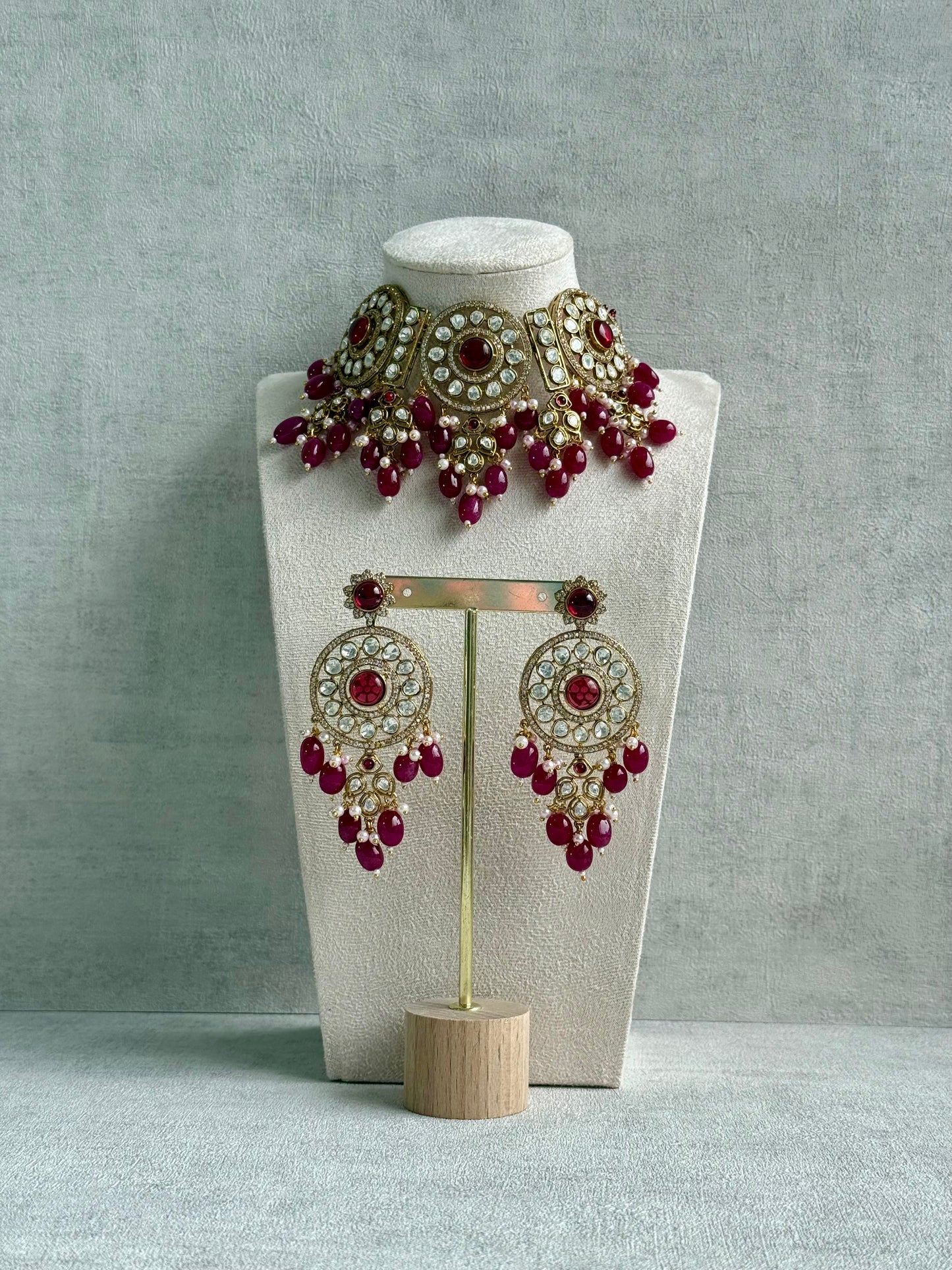 Ayura Designs Harper Set – Antique Gold Choker & Earrings with Deep Berry Pink Beads, Kundan Stones & Pearl Detailing