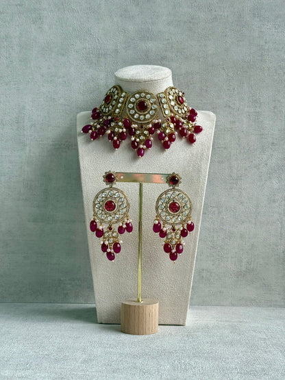 Ayura Designs Harper Set – Antique Gold Choker & Earrings with Deep Berry Pink Beads, Kundan Stones & Pearl Detailing