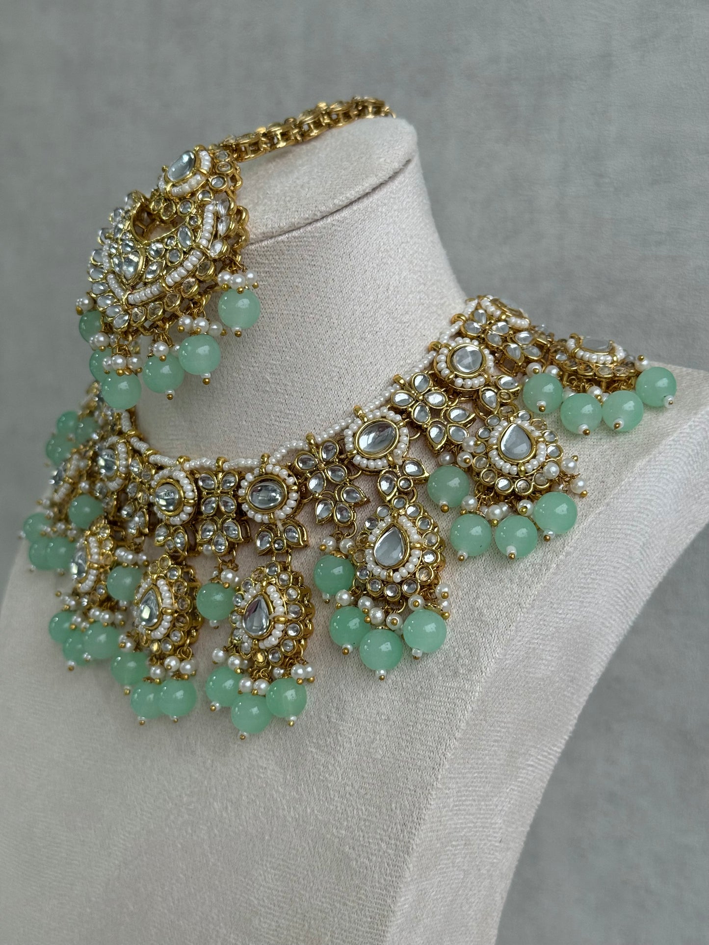 Ayura Designs Iyla Set with Necklace, Earrings & Tikka – Kundan Detailing, Ivory Pearl Drops & Mint Beads