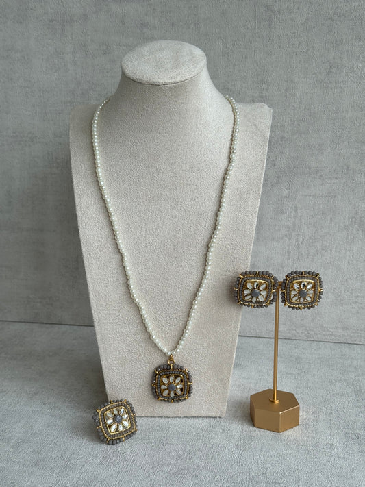 Ayura Designs Roma Pendant Set with Studs & Ring – Dove Grey Beads, Mirror-Cut Polki & Pearl Detailing