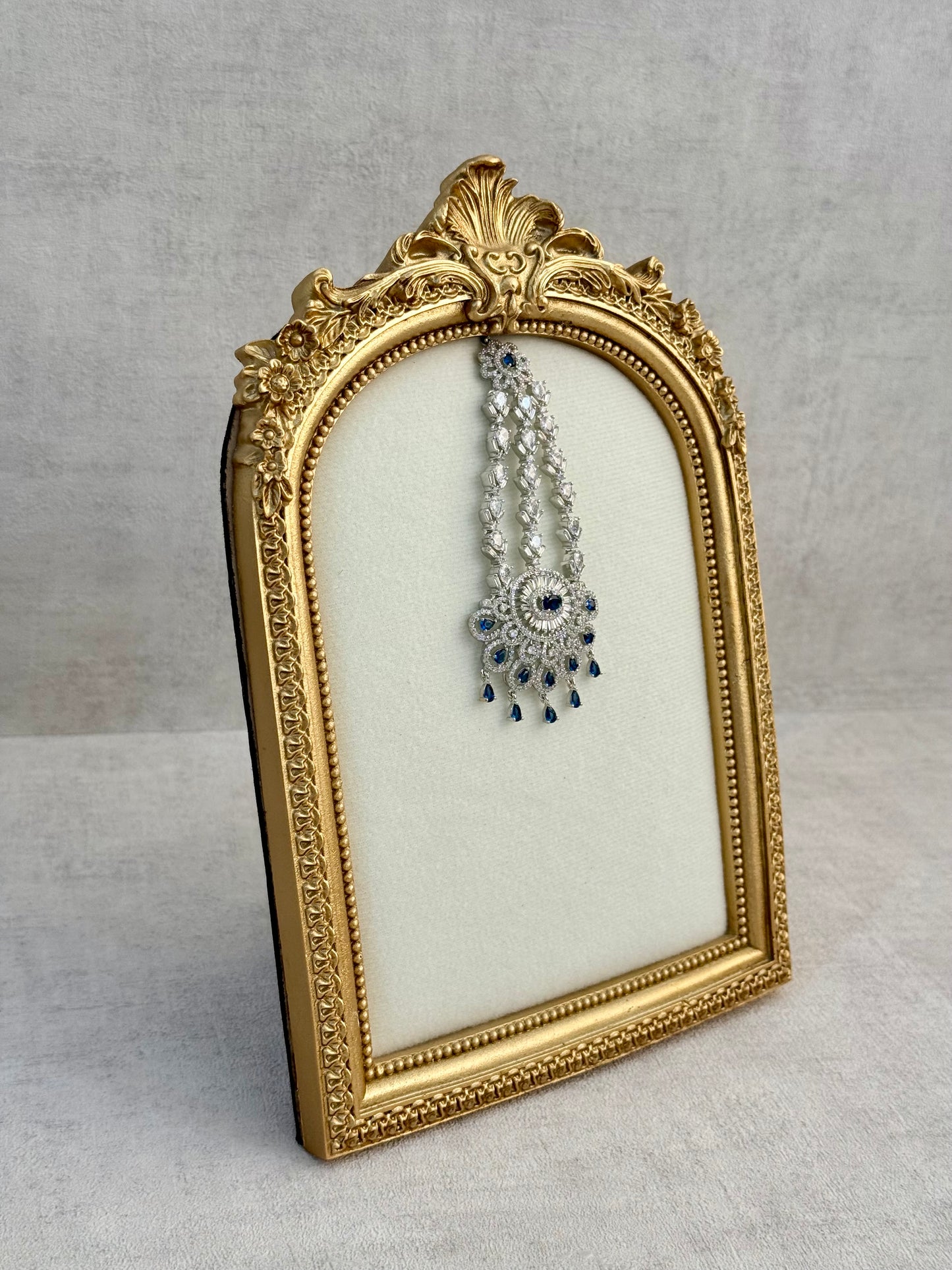 Ayura Designs Anna Jhoomar Passa – Silver Finish with Sapphire Blue Stones & Crystal Detailing