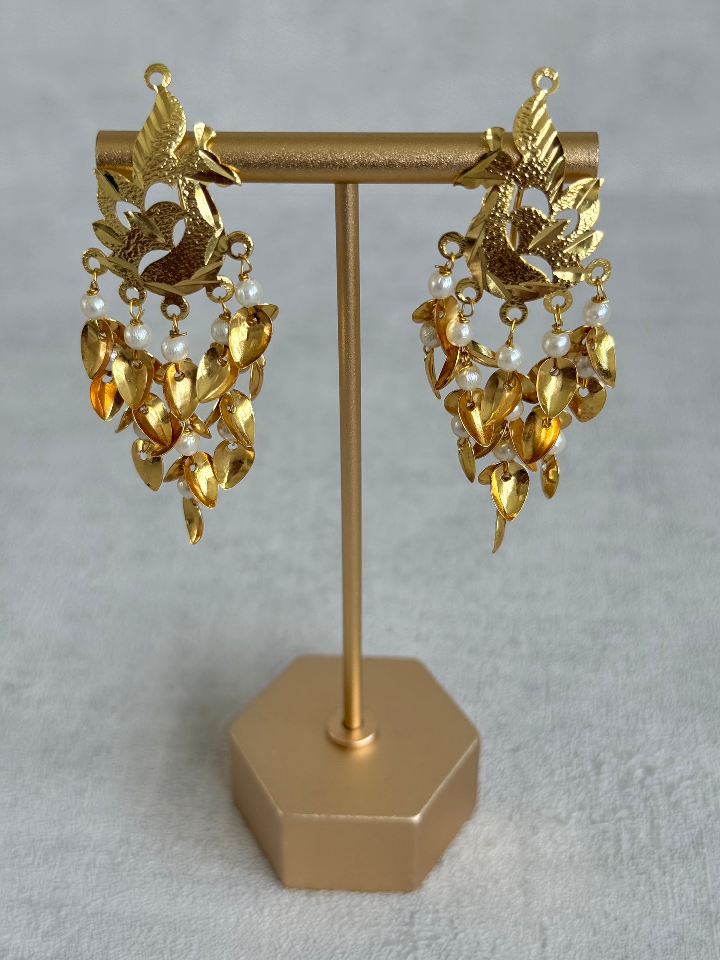 Ayura Designs Patari Earrings – Gold Peacock Pipal Patti Pearl Drop Earrings