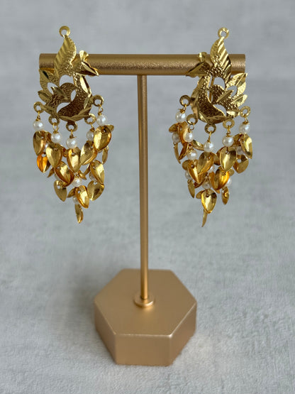 Ayura Designs Patari Earrings – Gold Peacock Pipal Patti Pearl Drop Earrings