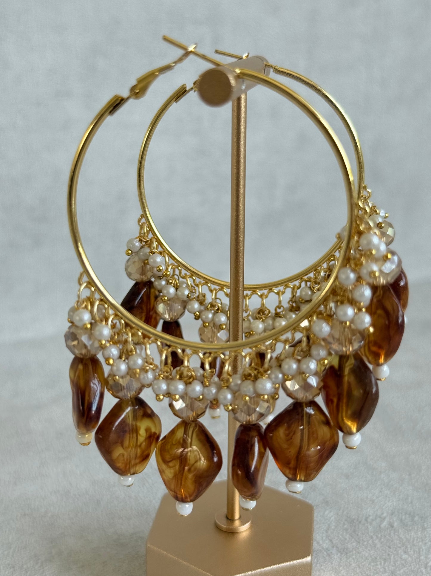 Ayura Designs Heer Balis – Gold Hoops with Smokey Amber Marble Beads, Pearls & Crystal Detailing