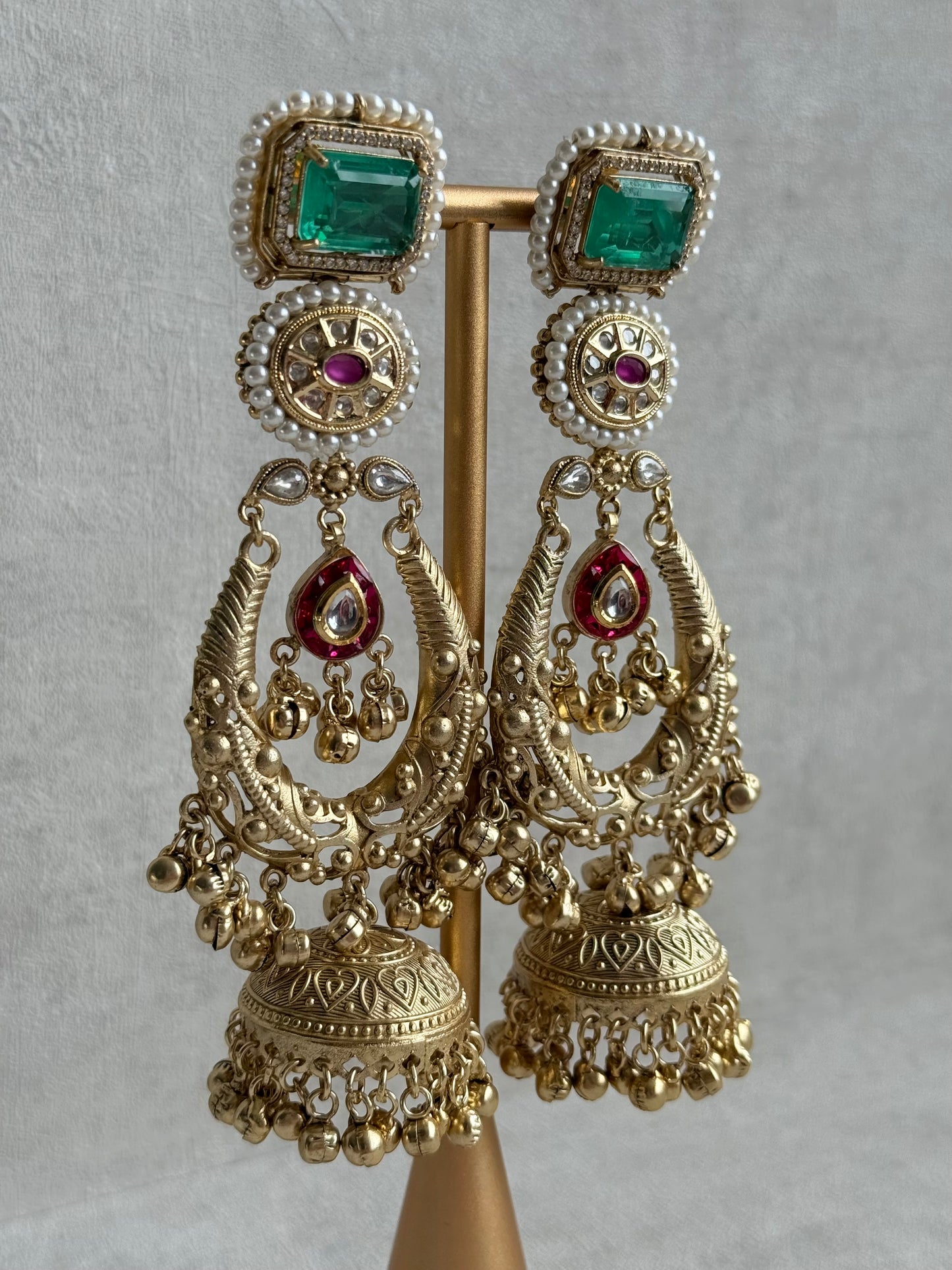 Ayura Designs Zirwa Earrings – Statement Jhumkis with Jade Green Stones, Ruby Accents, Pearl Borders & Ghungroos