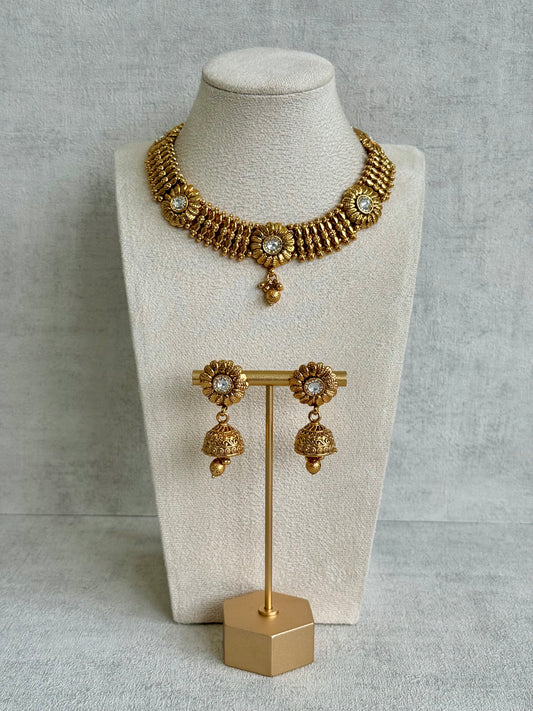 Ayura Designs Arisa Choker Set with Jhumkis – Antique Gold Floral Motifs with Ghungroo Drops