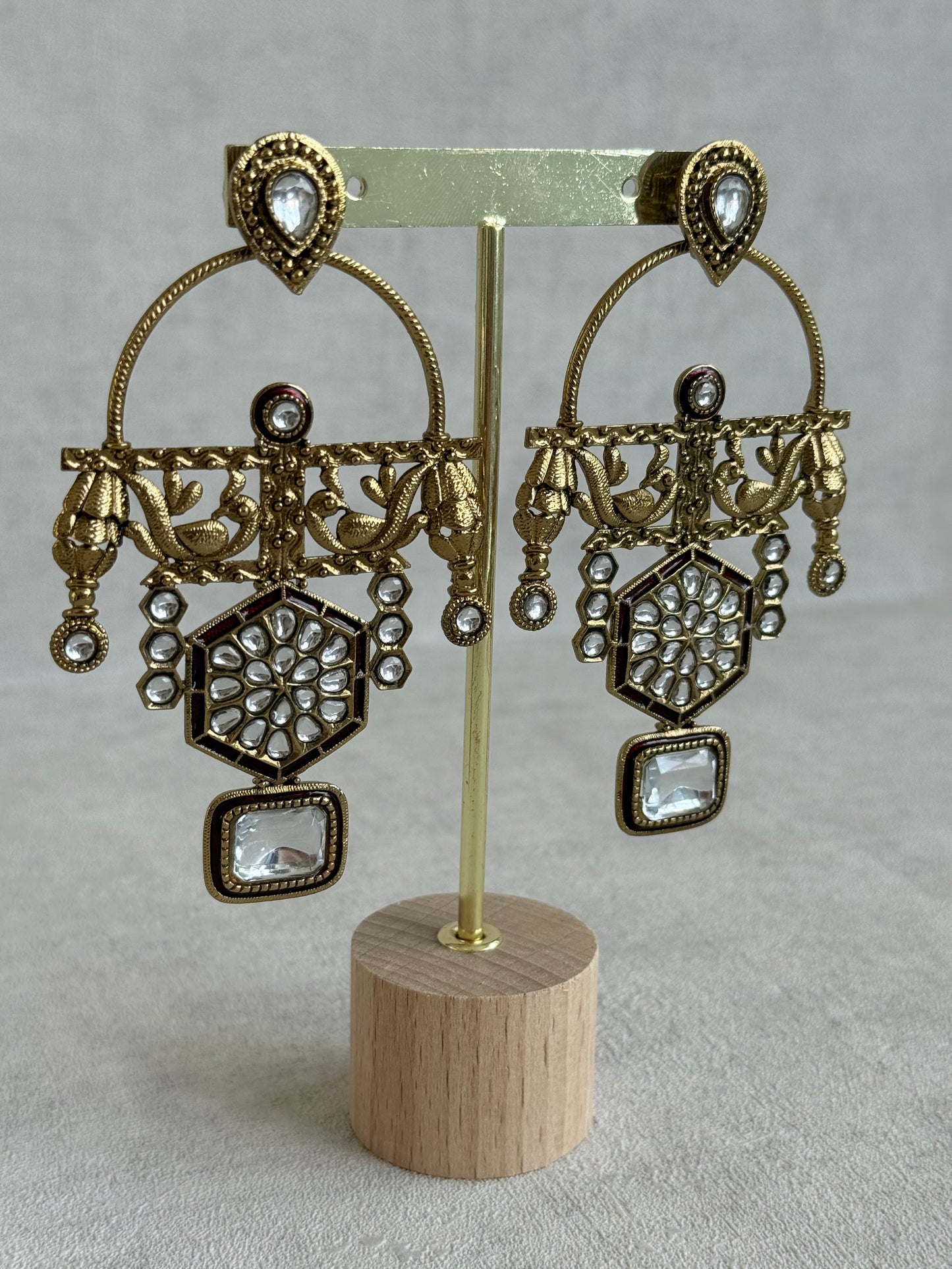 Ayura Designs Irene Earrings – Maroon Kundan, Meenakari & Crystal Peacock Chandeliers in Gold