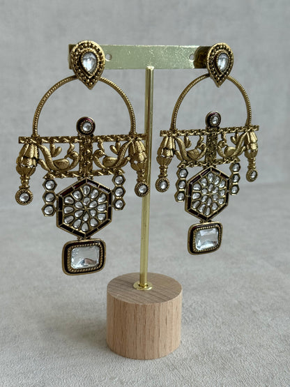 Ayura Designs Irene Earrings – Maroon Kundan, Meenakari & Crystal Peacock Chandeliers in Gold
