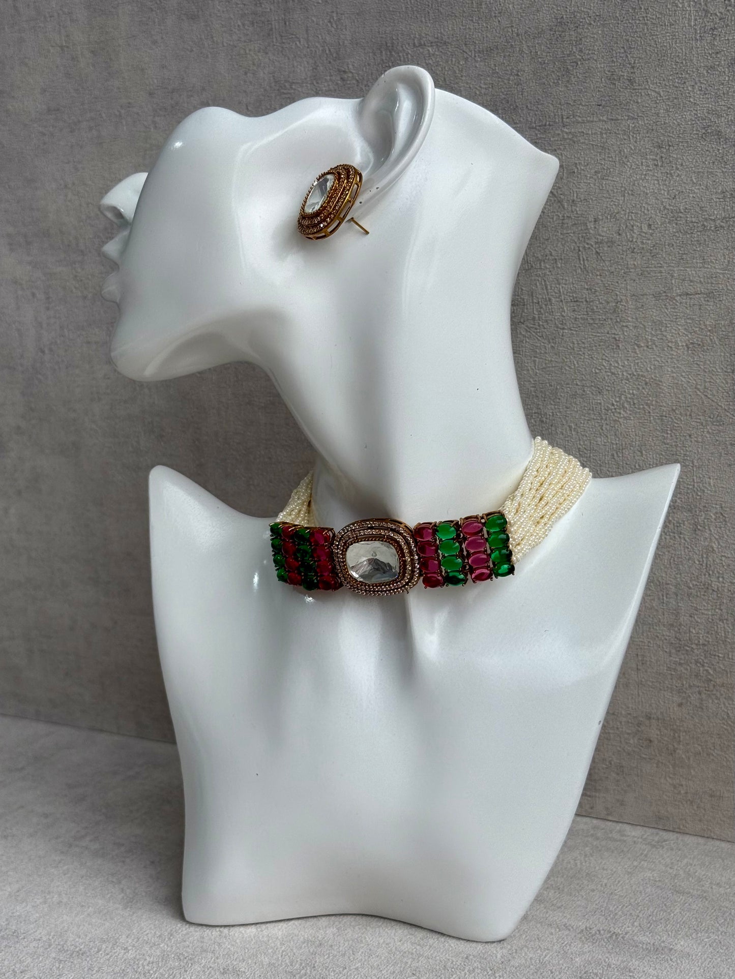 Ayura Designs Emma Choker Set – Fuchsia Pink & Emerald Green Gemstone Choker & Studs with Mirror-Cut Centrepiece, Pearl Strands & Crystal Borders