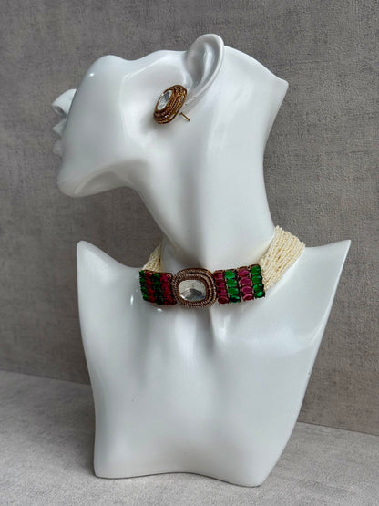 Ayura Designs Emma Choker Set – Fuchsia Pink & Emerald Green Gemstone Choker & Studs with Mirror-Cut Centrepiece, Pearl Strands & Crystal Borders