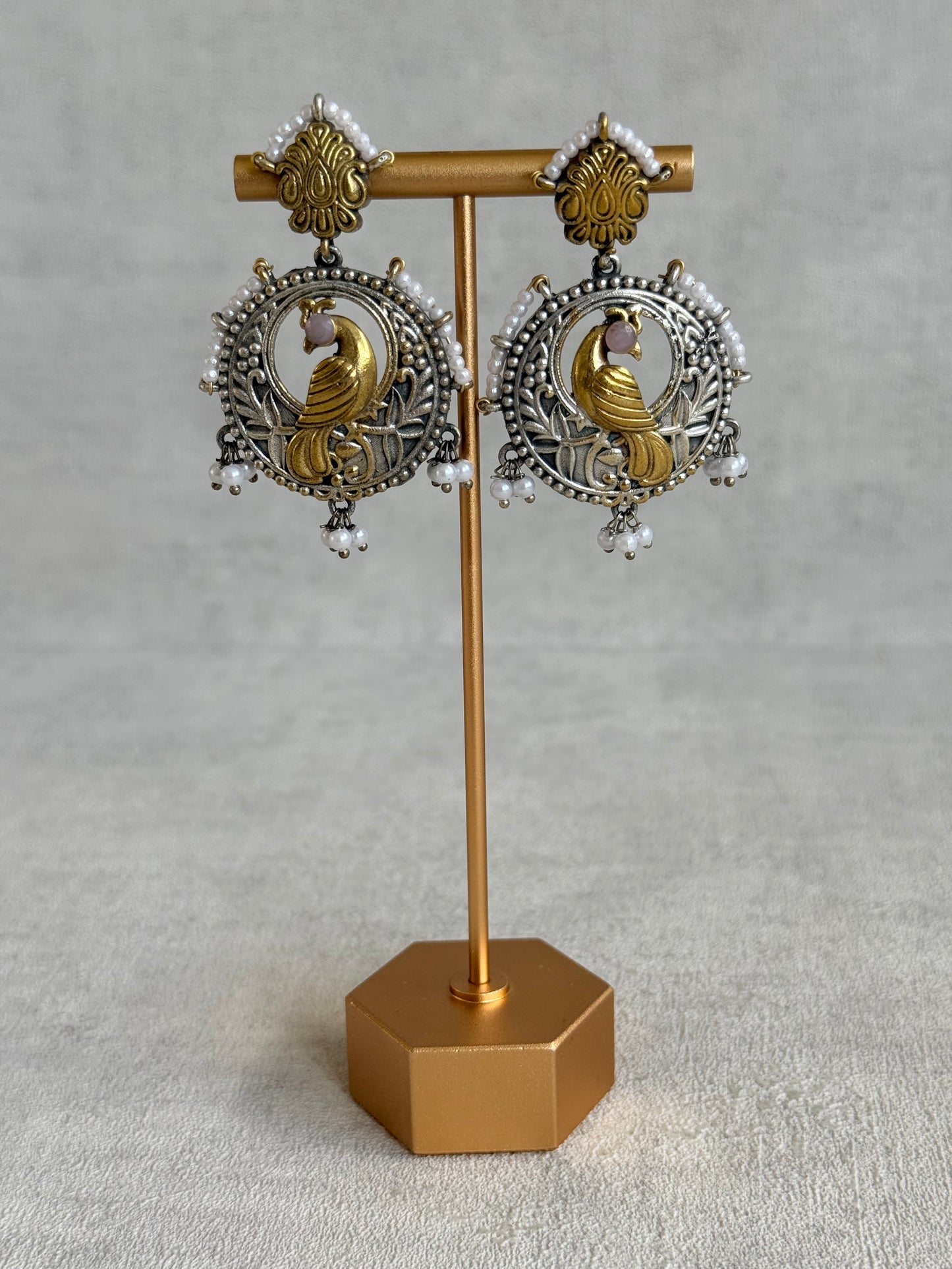 Ayura Designs Dilara Earrings – Oxidised Peacock Earrings with Pearl Detailing & Dual Tone Finish