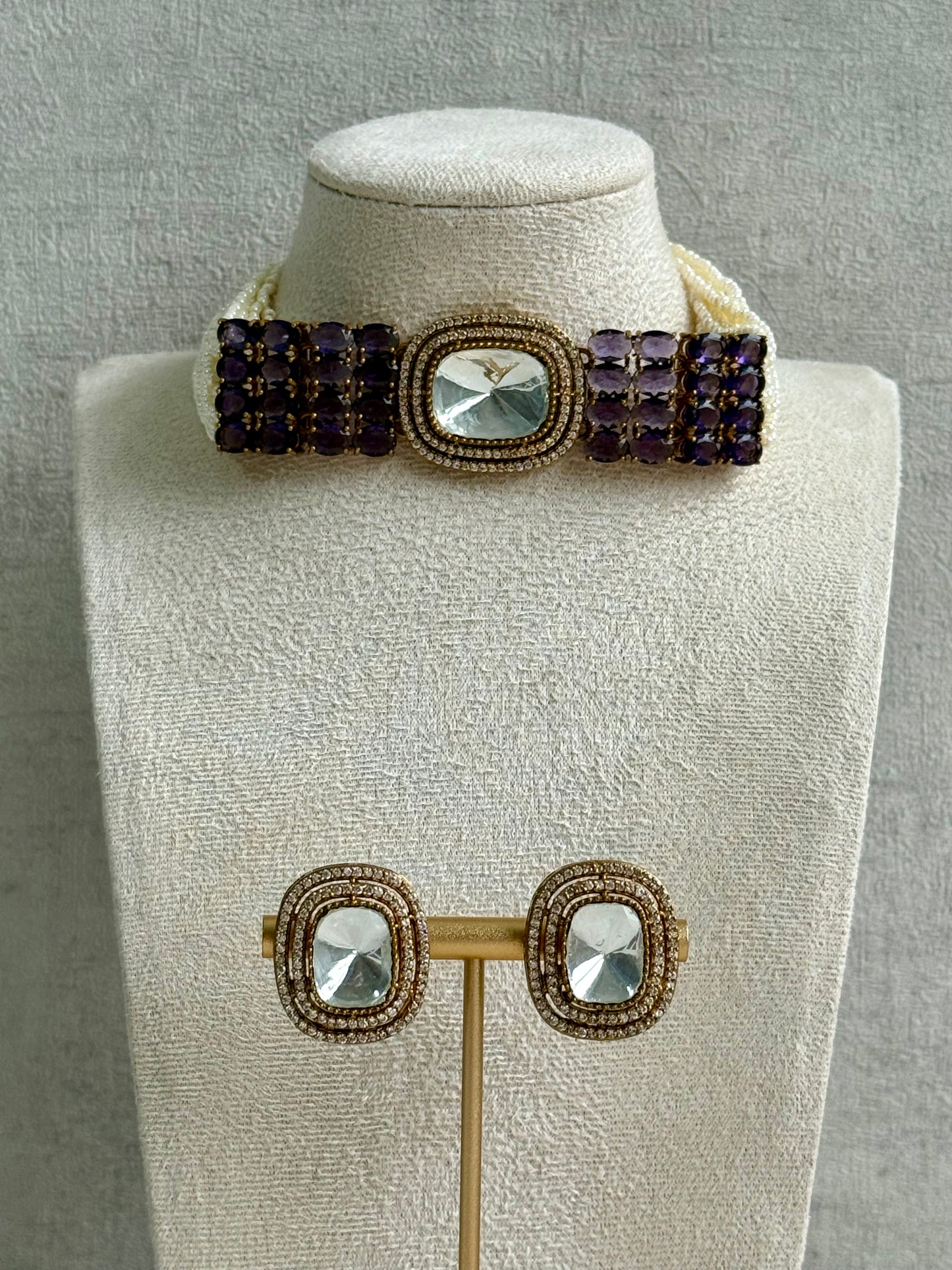 Ayura Designs Emma Choker Set – Deep Violet Gemstone Choker & Studs with Mirror-Cut Centrepiece, Pearl Strands & Crystal Borders