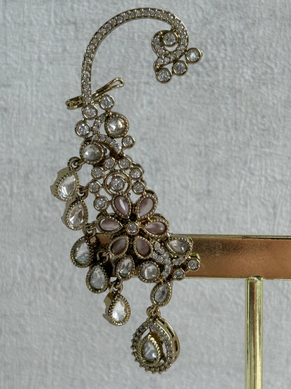 Ayura Designs Aksara Kaanphool Earrings – Blush Pink Stones, Kundan, Crystals & Antique Gold Finish