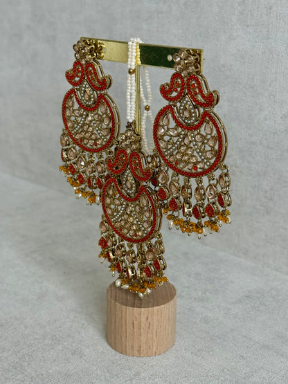 Ayura Designs Anvi Tikka Set with Earrings – Orange with Champagne Stones & Pearl Drops