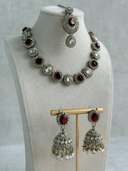 Ayura Designs Eira Necklace Set with Earrings & Tikka – Ruby Red & Crystal Stones with Antique Gold Finish