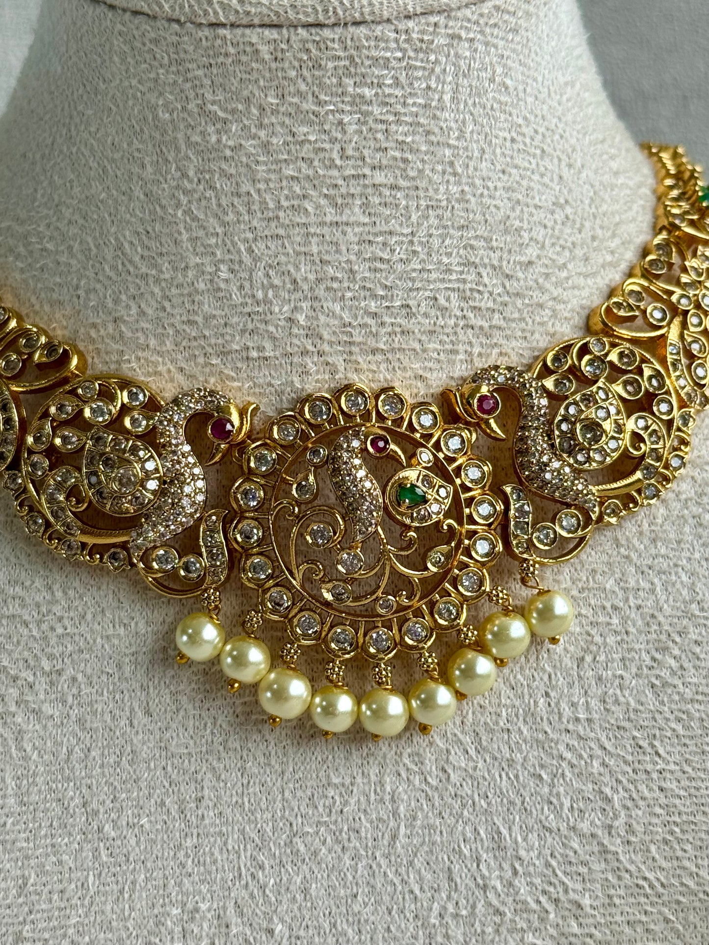 Ayura Designs Vedya Set – Antique Gold Peacock Necklace with Kundan, Emerald & Pearl Detailing