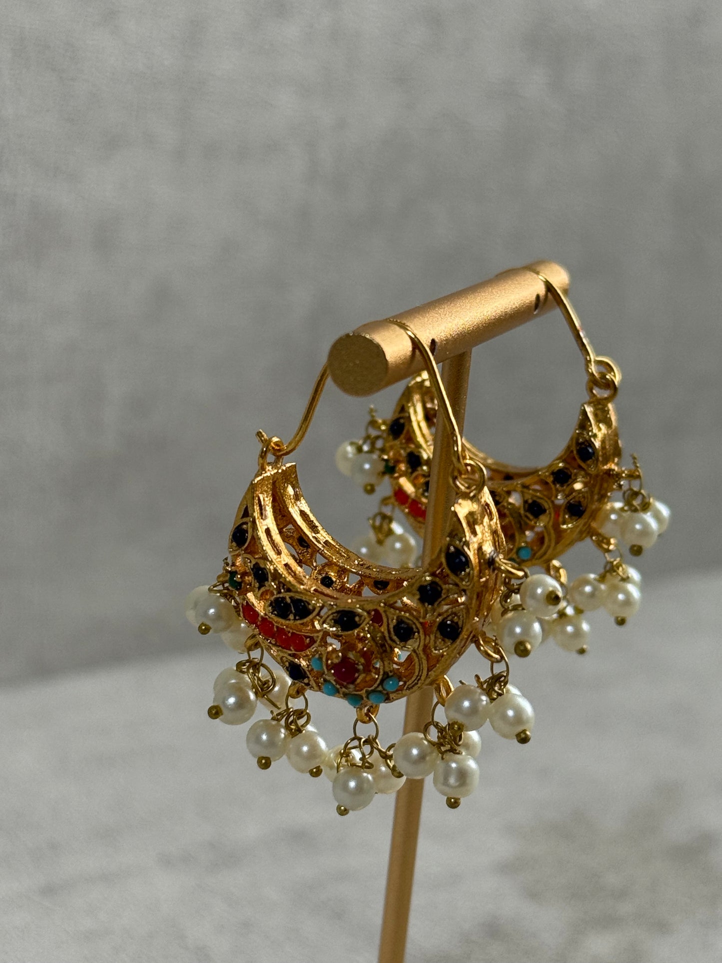 Ayura Designs Rasam Balis – Antique Gold Hoops with Multicolour Stones & Pearl Clusters